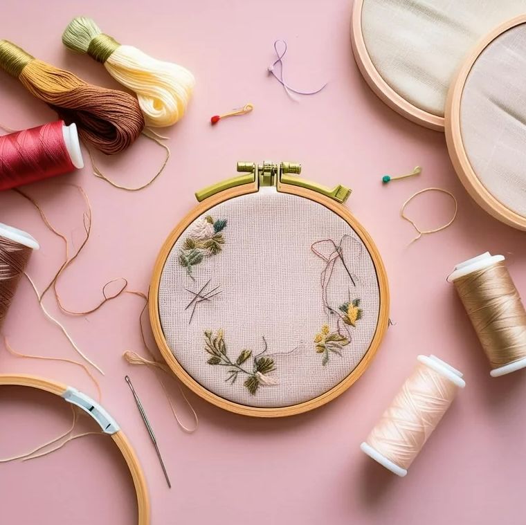 Wooden embroidery hoop with threads